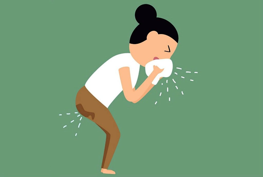 Ilustração que mostra mulher urinando sem querer ao espirrar